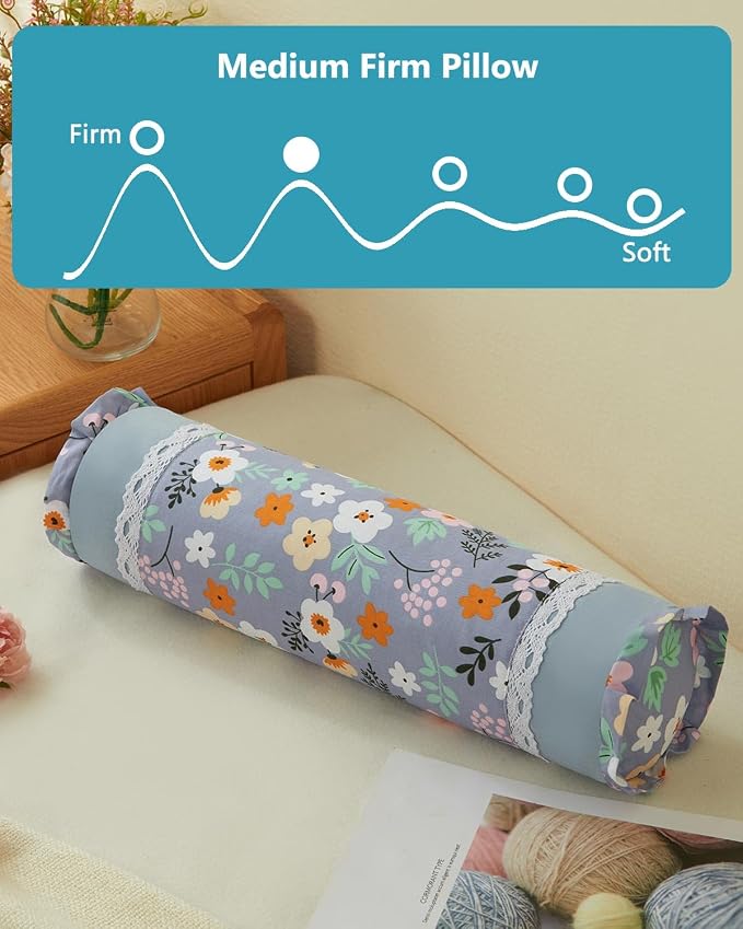 Buckwheat Neck Roll Pillow,15.7"x4.7" Adjustable Hard Cooling Cylinder Neck Support for Sleeping, Removable Soft Floral Pillow Covers, Ergonomic Yoga Bolster Pillow for Bed, Blue Flower