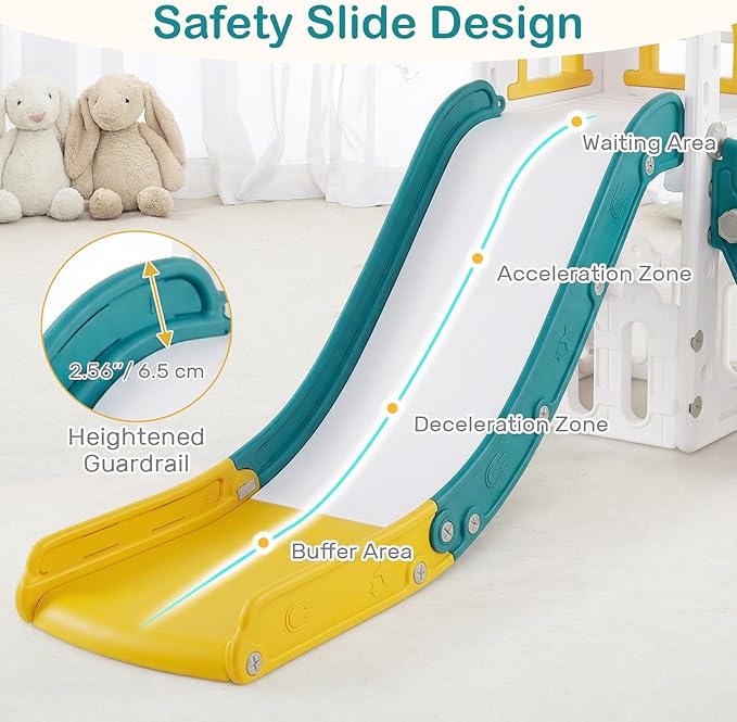 OLAKIDS Toddler Slide, 6 in 1 Kids Indoor Outdoor Playground with Climber Basketball Hoop Telescope Toy Storage for Boys Girls Aged 1+ (Yellow, 27'')