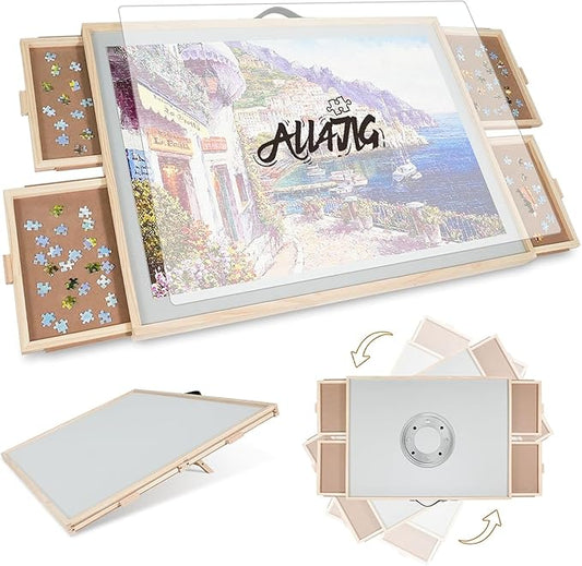 ALL4JIG 2000 Pieces 2-in-1 Tilting & Rotating Puzzle Board for Adults Gifts, Wooden Jigsaw Puzzle Table with 4 Drawers, 28.5" x 40.1" Portable Board with Lazy Susan and Cover
