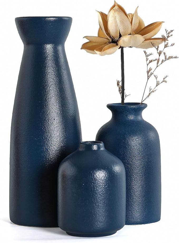 CEMABT Ceramic Blue Vases Set of 3 Small Flower Vases for Decor, Modern Rustic Farmhouse Home Decor, Decorative Vases for Pampas Grass,Idea Shelf,Table,Bookshelf,Entryway- Distressed Decor