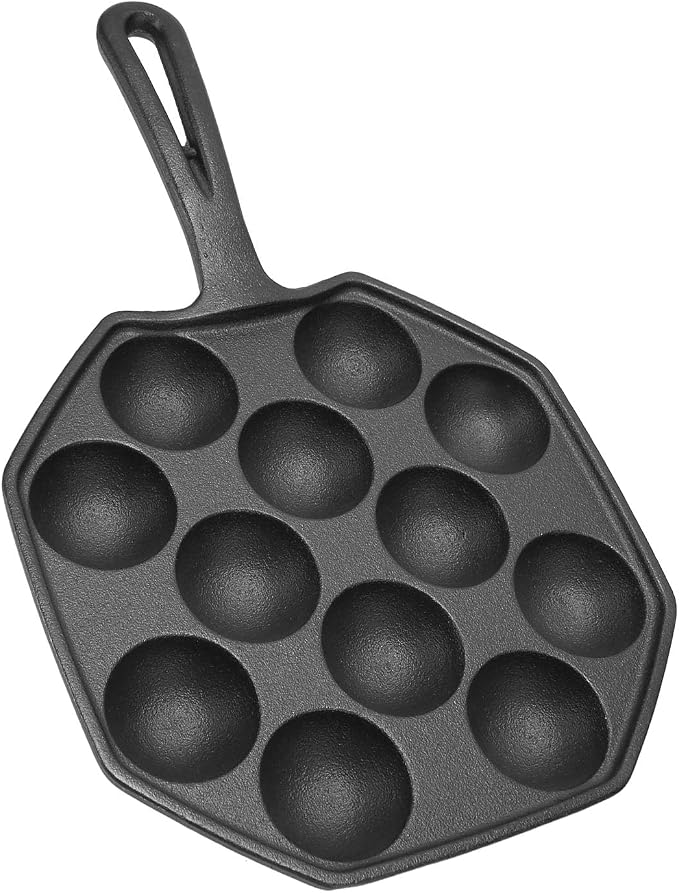 HERCHR 12 Grid Takoyaki Pan, Cast Iron Octopus Meatballs Frying Pan 18cm/7.09in Diameter Non Stick Omelet Breakfast Maker Skillet for Home Cooking
