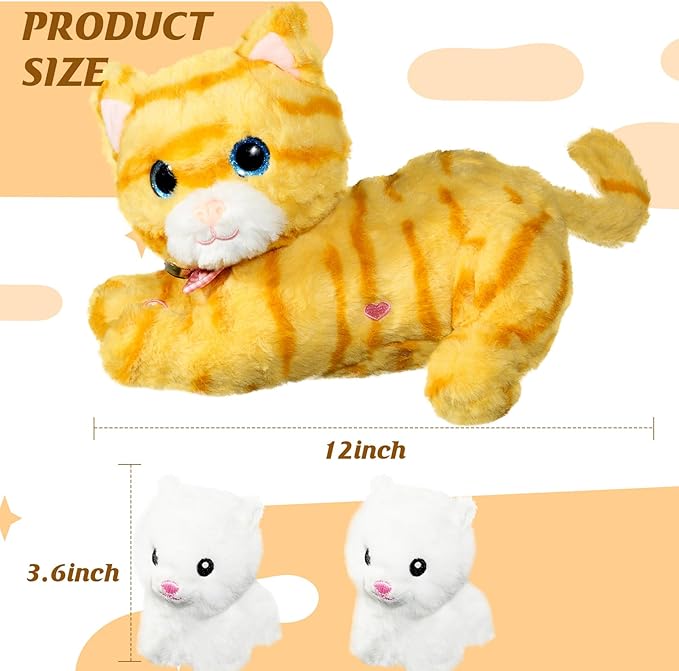 Nurturing Cat Stuffed Animal with 2 Plush Kittens, Cat Baby Stuffed for Girls and Boys Plushy Mommy Kitty with Baby Kittens for Birthday Party Favors Gifts