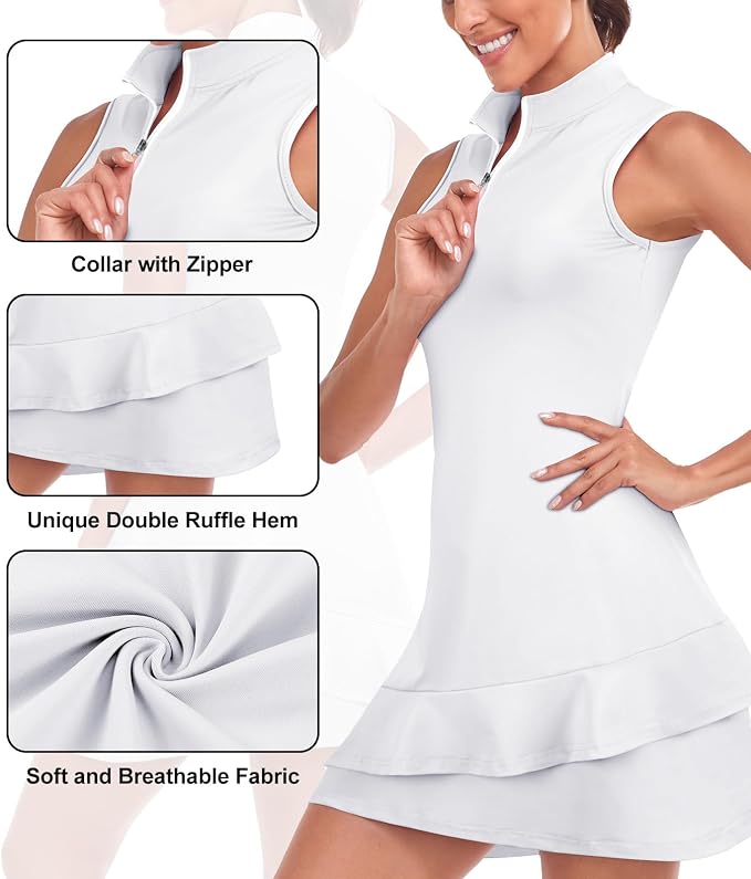 Viracy Tennis Dress for Women Sleeveless Golf Dresses with Shorts and Pockets Ruffle Zip Up Stand Collar Golf Outfits