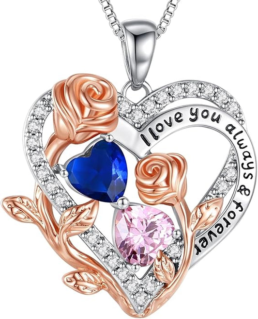 I Love You Birthstone Necklace, 925 Sterling Silver Heart Pendant with CZ Diamond Stones, Birthday Gifts for Women, Romantic Gift for Wife, Girlfriend, Her, Anniversary, Valentine's Day, Christmas