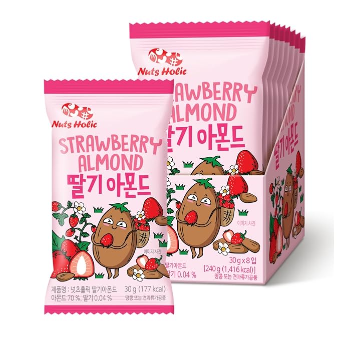 Korean Food Nuts Holic Strawberry Almond, Sweet Seasoned, Snack Mix, 8Pk | Sweet strawberry-flavored seasoned almond snack in convenient individual packs