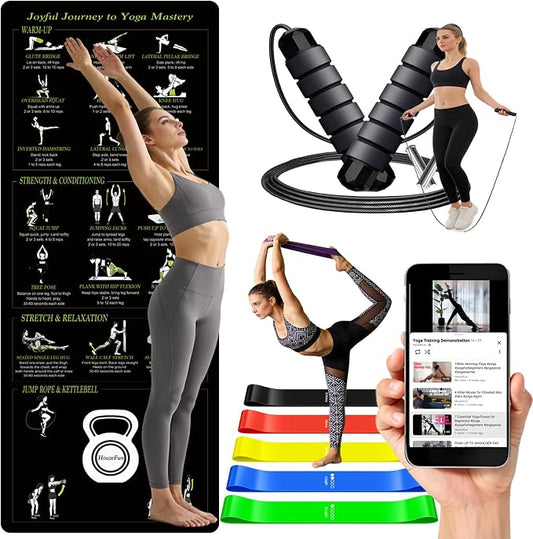 Lightweight and Portable Yoga Mat - Non-Slip Exercise Mat with Printed Yoga Poses for Pilates, Workout & Stretching - Includes Resistance Bands and Weighted Jump Rope - Home & Gym Use