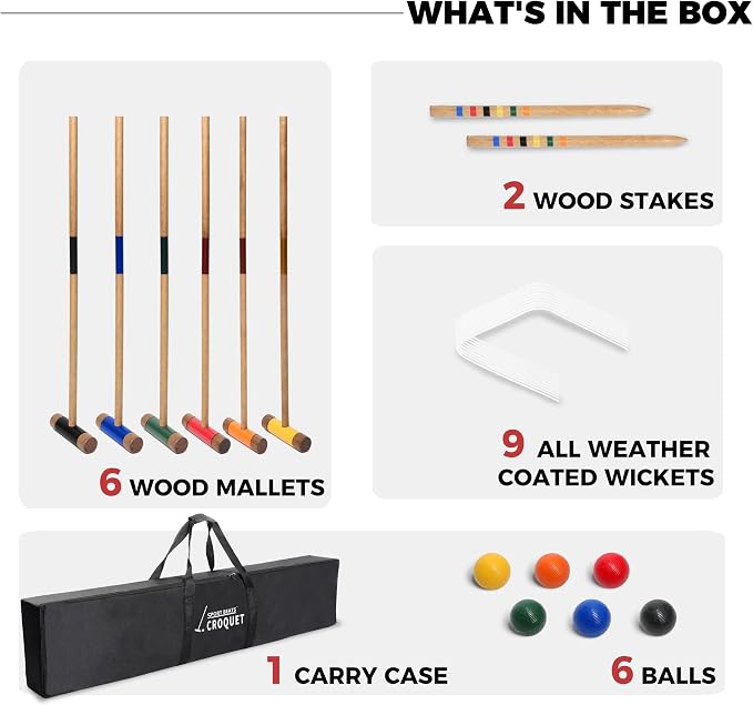 SPORT BEATS Six Player Croquet Set Solid RubberWood 32 Inch Mallets with Carry Case, Six Balls, Nine Wickets, 2 Stakes for Backyard Outdoor Games