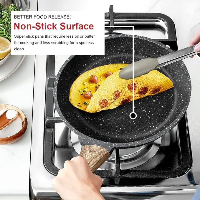 Caannasweis Nonstick Granite Pot and Pan Sets Frying Pan Skillet | Non Stick Omelette Fry Pans, Omelet Egg Pan, Stone Cookware Chef's Pan, Induction Compatible, PFOA Free (Gray, 3 Pcs)
