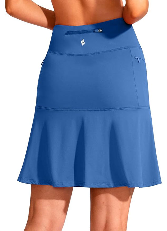 19" Ruffled Golf Skirts for Women | 3 Zipper Pockets, Knee Length, High Waisted, Long Skorts for Athletic, Casual, Tennis, Pickleball