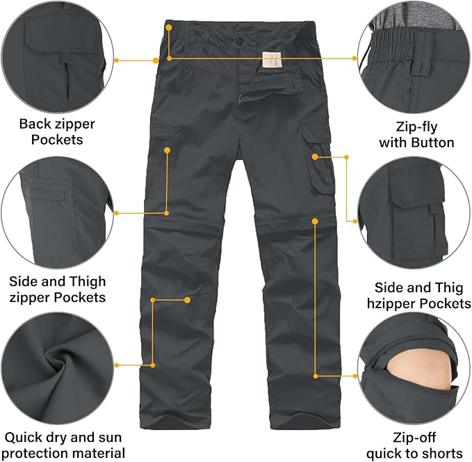 linlon Kids' Cargo Pants, Boy's Casual Outdoor Quick Dry Waterproof Hiking Climbing Convertible Trousers #9016