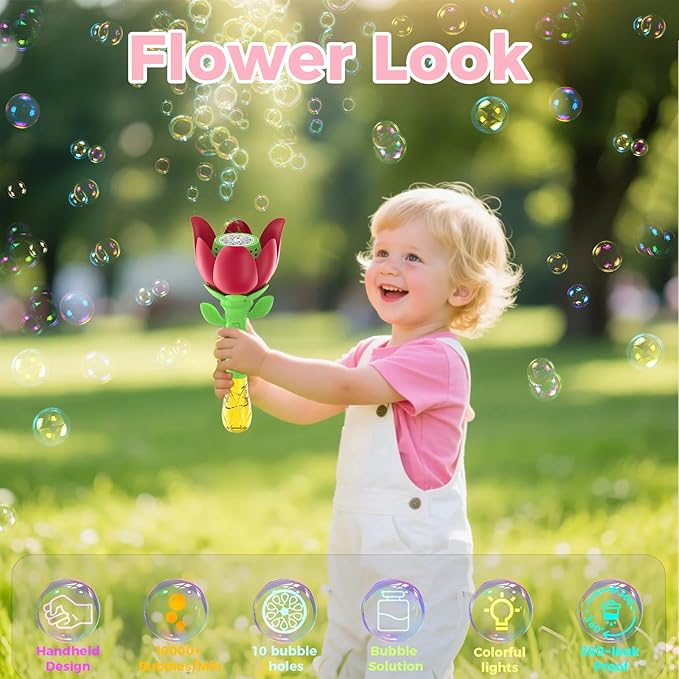 Bubble Wand Blower for Kids Handheld Lotus Bubble Wand Automatic Bubble Machine with Battery/Light/10000+Bubbles/Bubble Solution Bubble Toy for Girl Boys Party Weddings Outdoor Indoor (Red-3099)