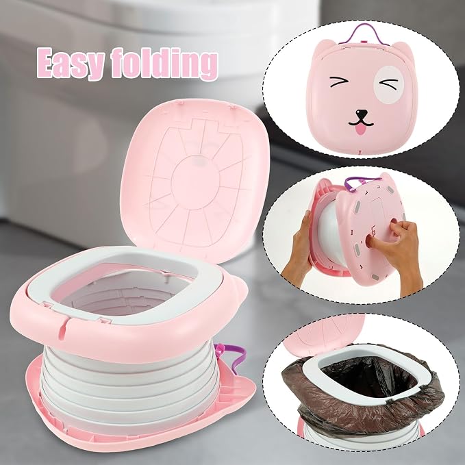 Travel Potty for Toddler, Portable Carry Toilet, Sturdy Seat, Kid's Car Foldable Training Toilet, Emergency Seat for Car, Camping, Outdoor, Indoor (Pink)