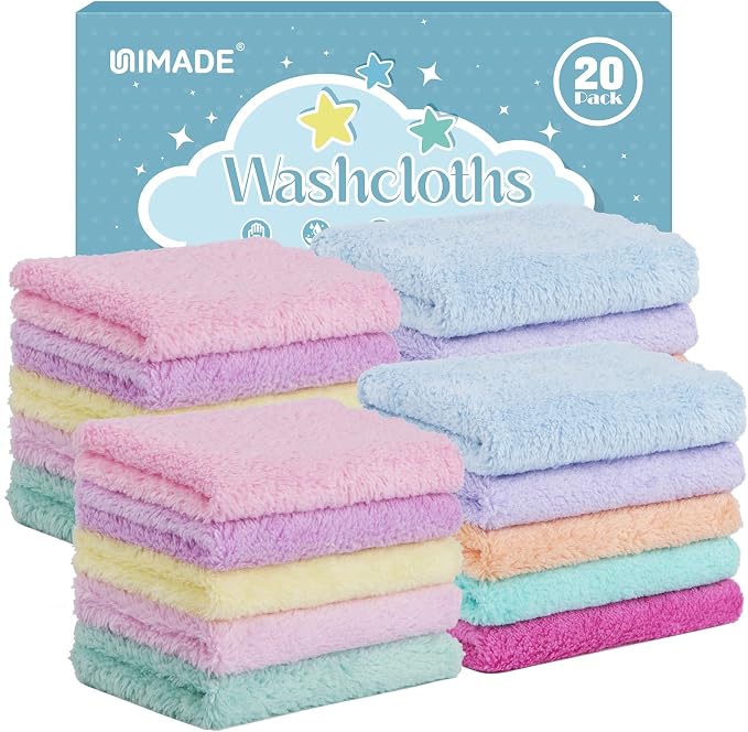 UNIMADE Baby Washcloths, 20 Pack Microfiber Coral Fleece Wash Cloths, Absorbent Baby Towels for Newborns, Infants and Toddlers, Gentle on Sensitive Skin for Face and Body - 11" × 11",Multicolor
