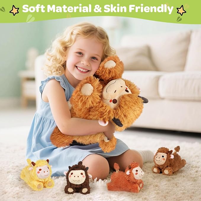 KMUYSL Highland Cow Stuffed Animal for Girls Ages 3 4 5 6 7 8+ Years Old, Mommy Cow Animals Plush Toys with 4 Baby Calves, Soft Animal Stuffed Toys Set, Christmas Birthday Gifts for Kids Girls