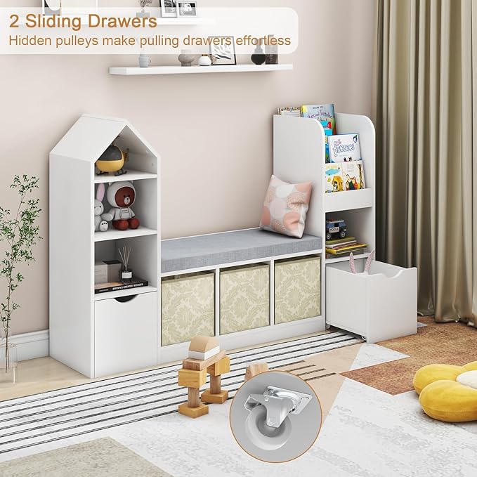 Kids Bookcase with Reading Nook, Bench Kids Bookshelf with 7 Storage Cubbies and 2 Movable Drawers, Multi-Purpose Toy Storage Organizer with Seat Cushion for Playroom, Bedroom, Living Room, White
