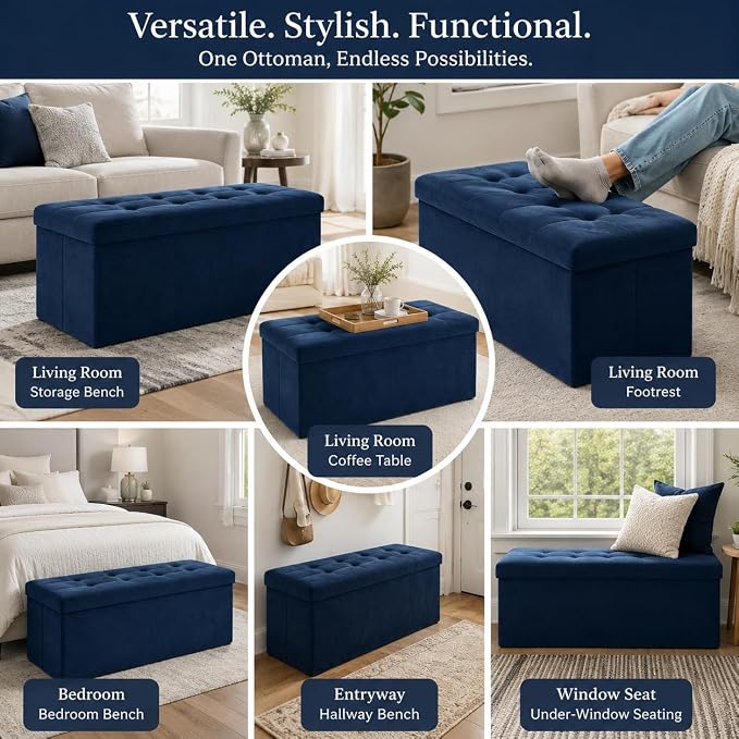 ALASDO 43 Inch Folding Storage Ottoman Bench with Hidden Storage, Velvet Storage Ottoman Foot Rest Stool, End of Bed Bench for Bedroom, Living Room, Entryway and Closet, Navy Blue