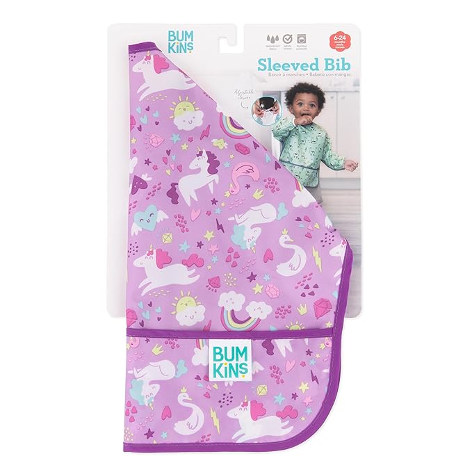 Bumkins Sleeved Bib for Girl or Boy, Baby and Toddler for 6-24 Mos Essential Must Have for Eating, Feeding, Baby-Led Weaning Supplies, Long Sleeve Mess Saving Food Catcher, Soft Fabric, Unicorn Purple