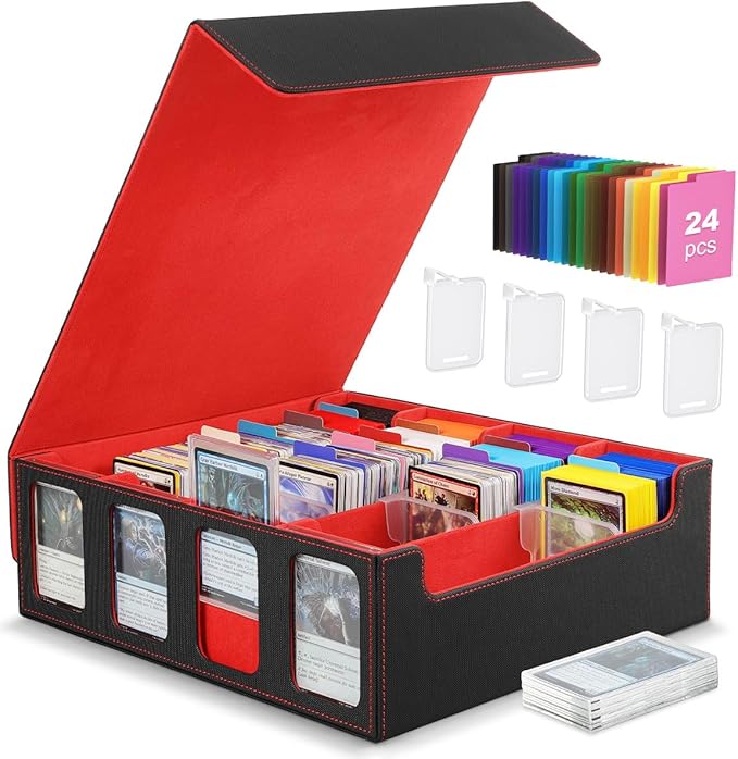 MoKo Card Storage Box for Trading Cards, 3000+ MTG Deck Box with 24 Colorful Dividers & 4 Card Supporters, Commander Card Deck Case with Display Window, Fits for Magic Game Cards, YugiOh, Black Red
