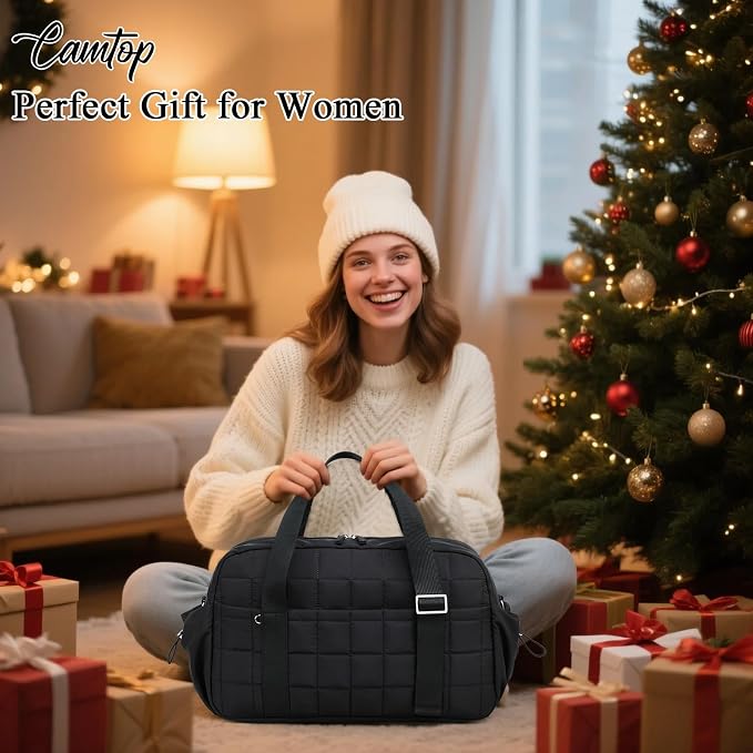 CAMTOP Mini Gym Bag for Women, Small Gym Tote Bag Puffy Quilted Sports Duffel Bag with Wet Compartment and Coin Purse Duffel Bags Dance Yoga Workout Bag for Gifts (Black, Medium-16")