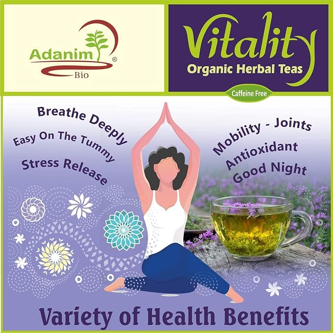 Adanim Bio Vitality Organic Herbal Tea Sampler Gift Box Caffeine Free 8 Unique Flavors for Tea Lovers 64 Individually Wrapped Tea Bags Variety Pack