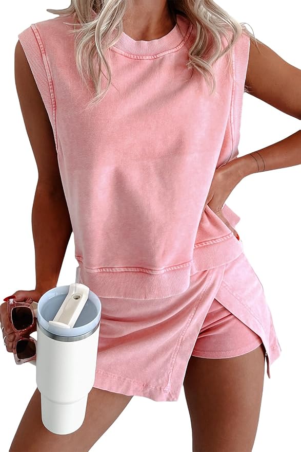 Women 2pc Mineral Wash Athletic Lounge Tank Skirt Set | Soft mineral wash cotton,Breathable.Relaxed lined split skirt.Ideal for travel,lounge,gym,workout casual daily wear
