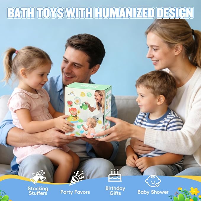 Baby Bath Toys for Kids Ages 1-3 Mold Free Bath Toys for Toddler 2-4 Bathtub Water Toys for Babies 18+ Months, Watering Can Bath Boats Spoon & No Hole Bath Toy with Mesh Bags for Boys Girls Gifts