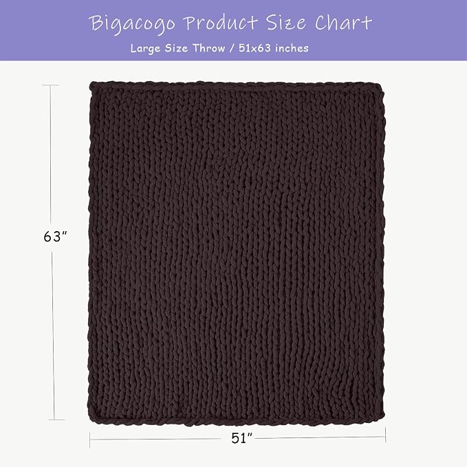 Bigacogo Chunky Knit Throw Blanket for Couch, 51x63 inches, Chocolate | Hand Knit with Jumbo Chenille, Soft Breathable Cable Knit for Sofa Bed Living Room, Machine Washable, Gift for Mom Friend