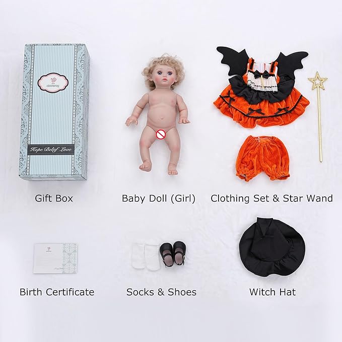 Halloween Reborn Toddler Dolls – 18 Inch Realistic Toddler Doll Girl Full Body Vinyl with Purple Eyes & Witch-Inspired Outfit – Gift-Ready for Girls, Collectors & Seasonal Display