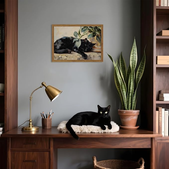 Framed Black Cat Canvas Wall Art, Vintage Sleeping Cat with Plant Picture Wall Decor Paintings, Cute Animal Poster Prints Rustic Aesthetic Home Decor for Living room Bedroom Bathroom 16x24 inch