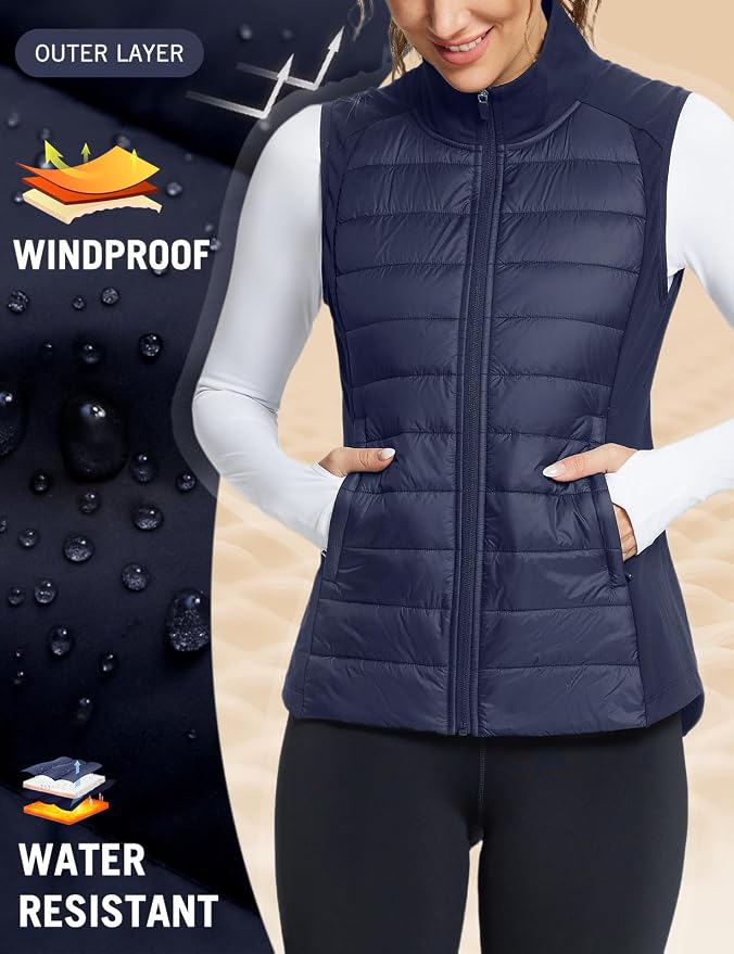 baleaf Womens Lightweight Warm Puffer Vest Winter Running Sleeveless Jacket | Zip Pockets & Soft Curve Design, Windproof, Water-Resistant and Noiseless Fabric, Suitable for Running, Hiking in 20°F-60°F