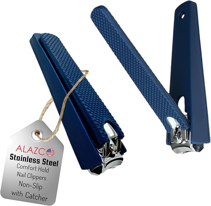 2 Comfort Hold Navy Large Nail Clippers Non-Slip Sure Grip Clipping Removable Catcher Toenails Fingernails Cutter Ultra Sharp Trimmer Stainless Steel Men Women Arthritis Unsteady Hands