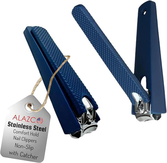 2 Comfort Hold Navy Large Nail Clippers Non-Slip Sure Grip Clipping Removable Catcher Toenails Fingernails Cutter Ultra Sharp Trimmer Stainless Steel Men Women Arthritis Unsteady Hands