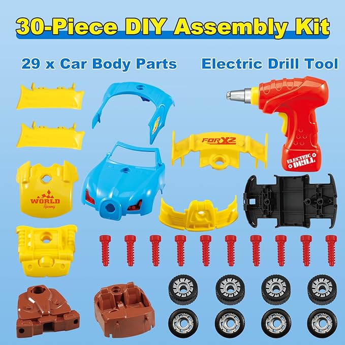 Pup Go Construction Toys for Boys Age 3-8, Take Apart Toy Car Racing, 30 Pieces Building Toys with Electric Drill, Build Your Own Car with Realistic Sounds & Lights, STEM Gifts Kids (4 Spare Screws)