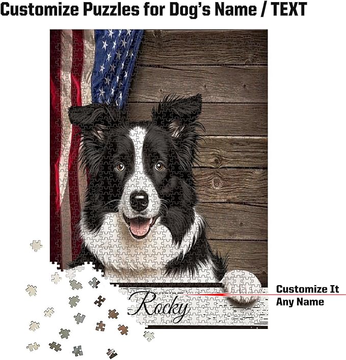 Custom Wooden Jigsaw Puzzles with Your Dog's Name on Border Collie Art Print - 300 500 1000PCS Puzzles Game and Home Wall Decor