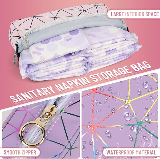 Tampon Holder for Purse Period Bag Waterproof Geometric PU Sanitary Napkin Storage Bag Portable Menstrual Cup Pad Pouch Cute Makeup Bag Feminine Gift Vibrant White