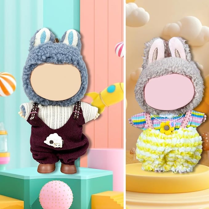 Doll Clothes for Labubu,Cute Outfit for 17cm Doll Clothe 2/3PCS Clothes and Hats Stylish Dolls Clothe for 17 cm Labubu,Casual Style Costumes for Labubu Dolls (Brown and Yellow Overalls)