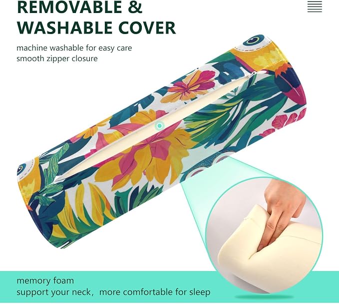 Triopcal Leaves Owls Pattern Neck Roll Pillow Bolster Round Health Memory Foam Long Cervical Cylinder Pillows with Removable Washable Cover for Body Bed Legs Back Yoga
