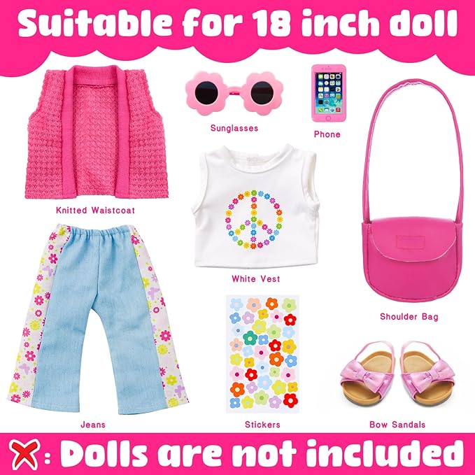 Ecore Fun American 18 Inch Doll Clothes and Accessories, 8 Pcs 18 Inch Doll Girl Clothes Set Include Sweater Vest, White Vest, Jeans, Sandals, Shoulder Bag, Mobile Phone, Sticker, Sunglasses