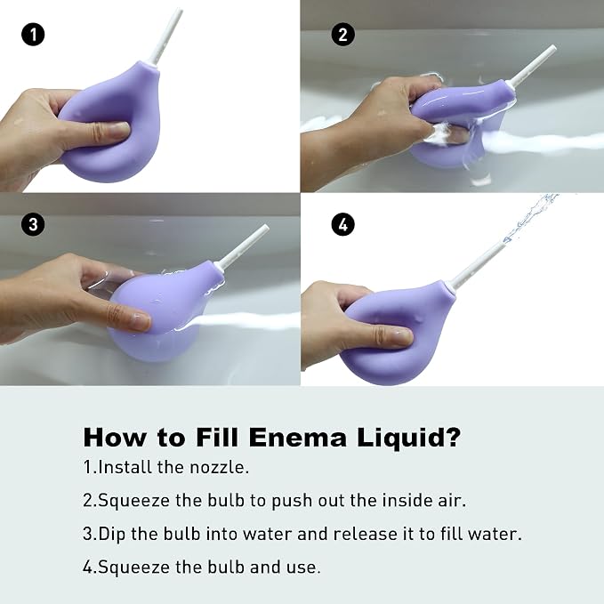 TopQuaFocus 8oz Enema Bulb Kit Anal and Vaginal Douche Bulb for Men Flushing System Enemas Silicone Bulb 4 Replaceable Tips (Purple, 224ml)