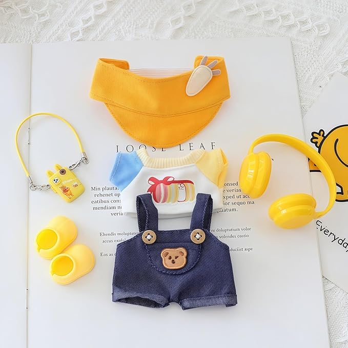Clothes for Dolls Accessories, Stylish Kawaii Overalls Outfit Headphones Set 6 Pieces Suitable for 15cm 17cm Doll , Doll Hat Headset Boots Clothing Set Replacement