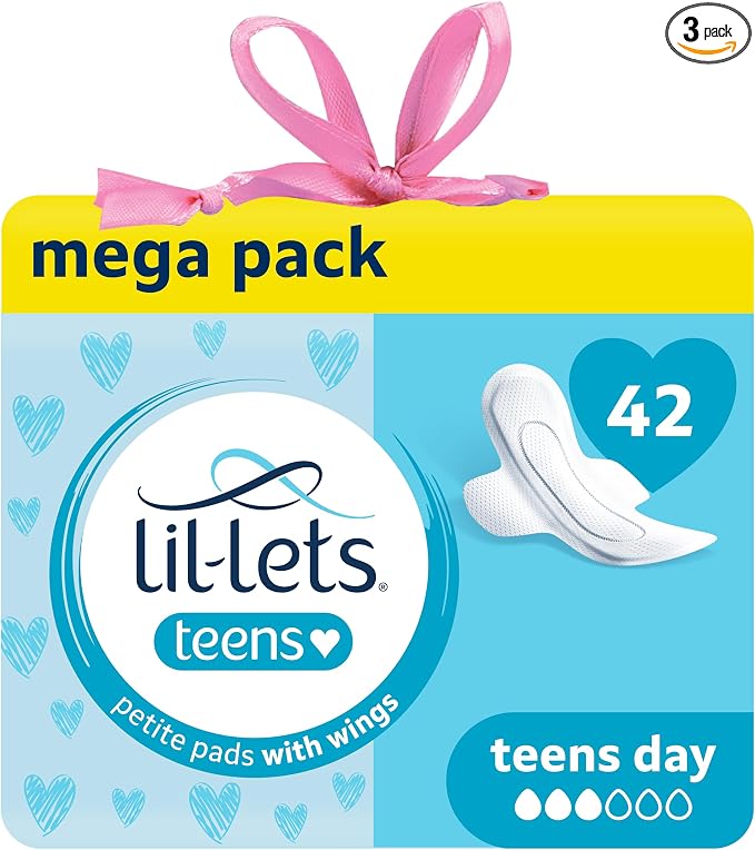 Lil-Lets Teens Day Pads with Wings - 42 Count Period Pads - Thin, Super Absorbent Sanitary Napkins, Soft & Breathable, Fragrance-Free - First Periods, Light to Medium Days