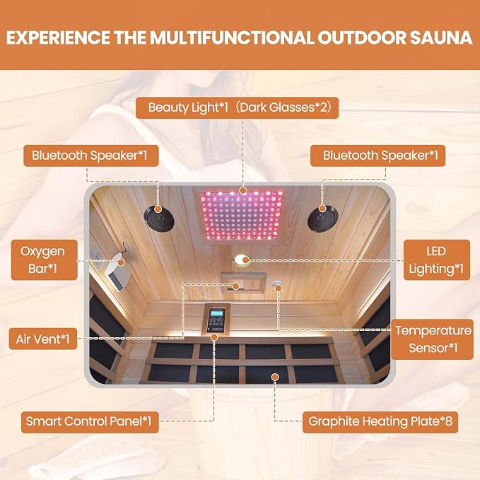 Outdoor Sauna 2 Person Sauna Infrared Saunas Dry Sauna Room 2080W/110V Low EMF Outer Board Red Cedar/Inner Board Fir Wood, Oxygen Bar, Speaker, LCD Control Screen, LED Lights - 48.8*38.2*81.9 in