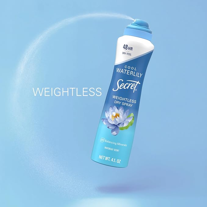 Secret Dry Spray Antiperspirant Deodorant for Women, 48hr Weightless Sweat & Odor Protection, Gentle on Skin, Waterlily & Argan Oil Scent, 4.1 oz (Pack of 3)