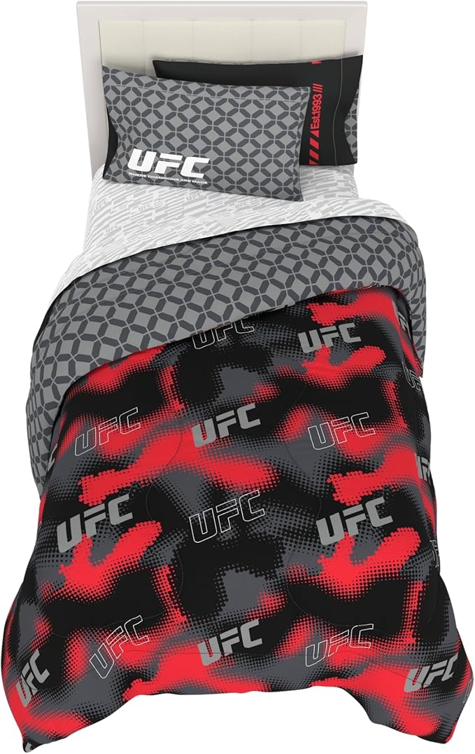 UFC Fight Night Bedding Set, Twin Size 5 Piece Set Super Soft Cozy Reversible Comforter and Sheet Set with Sham, (100% Officially Licensed Product) by Franco