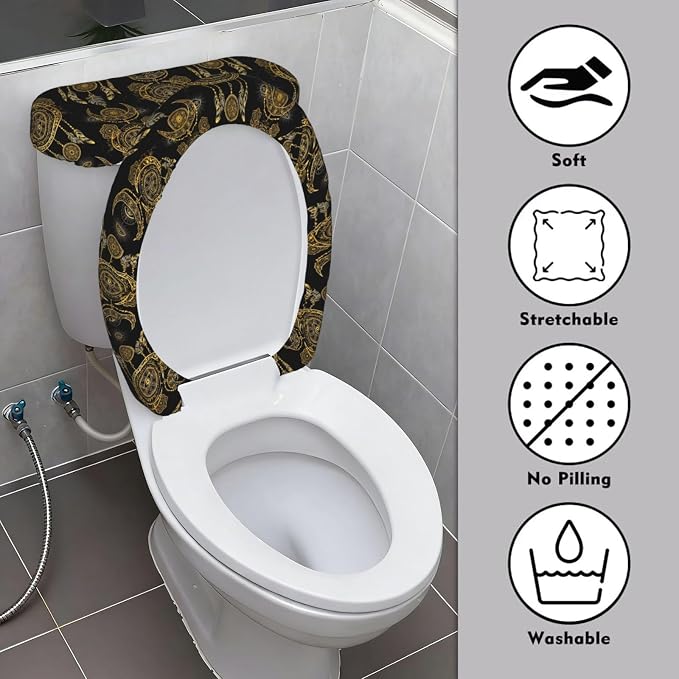 Dustproof Toilet Lid Tank Cover Set Boho Chic Golden Crescent Moon Sun Mandala, Stretch Polyester Spandex Non Slip Elastic Bottom Bathroom