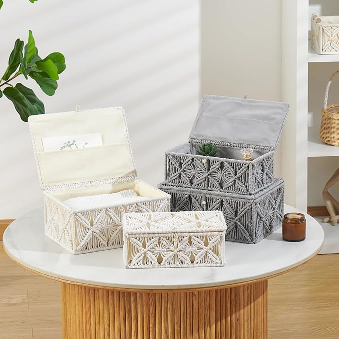 Decorative Boho Storage Baskets with Lid Natural Macrame Boxes | Handmade Cotton Rope Woven Bins, Shelf Desk Organizer Container for Jewelry Memory Keepsake Photo Makeup, Off White, Large