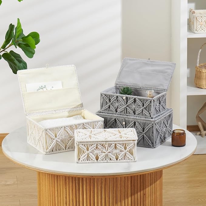 Decorative Boho Storage Baskets with Lid Natural Macrame Boxes | Handmade Cotton Rope Woven Bins, Shelf Desk Organizer Container for Jewelry Memory Keepsake Photo Makeup, Gray, Large