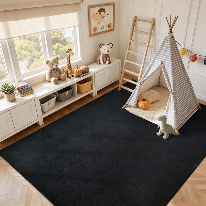 FinRèc 4x6 Washable Area Rugs for Bedroom Living Room, Low Pile Thin Rug Solid Color, Non-Slip Carpet Indoor for Home Decor (Pure Black)