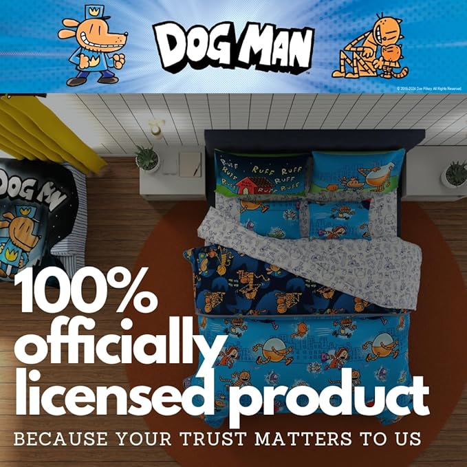 Dog Man Supa Buddies Book Kids Bedding Set, Queen Size 7 Piece Set Super Soft Cozy Reversible Comforter and Sheet Set with Sham, (Officially Licensed Product) by Franco