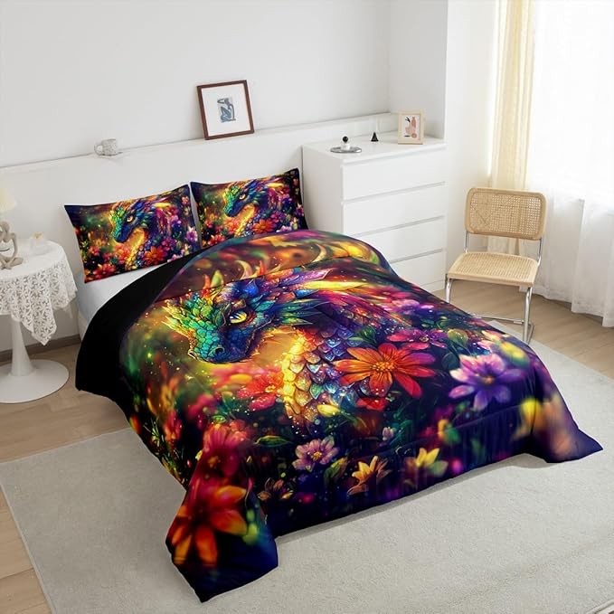 Feelyou Dragon Comforter Set Toddler Size Shiny Dragon Comforter for Boys Girls Teens Wild Life Bedding Set Dragon Decor Duvet Set Room Decor Muticolor Quilt Set